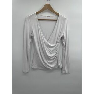 Mangopop Womens M Faux Wrap Ruched Blouse Stretch Tee Minimal Capsule Everyday